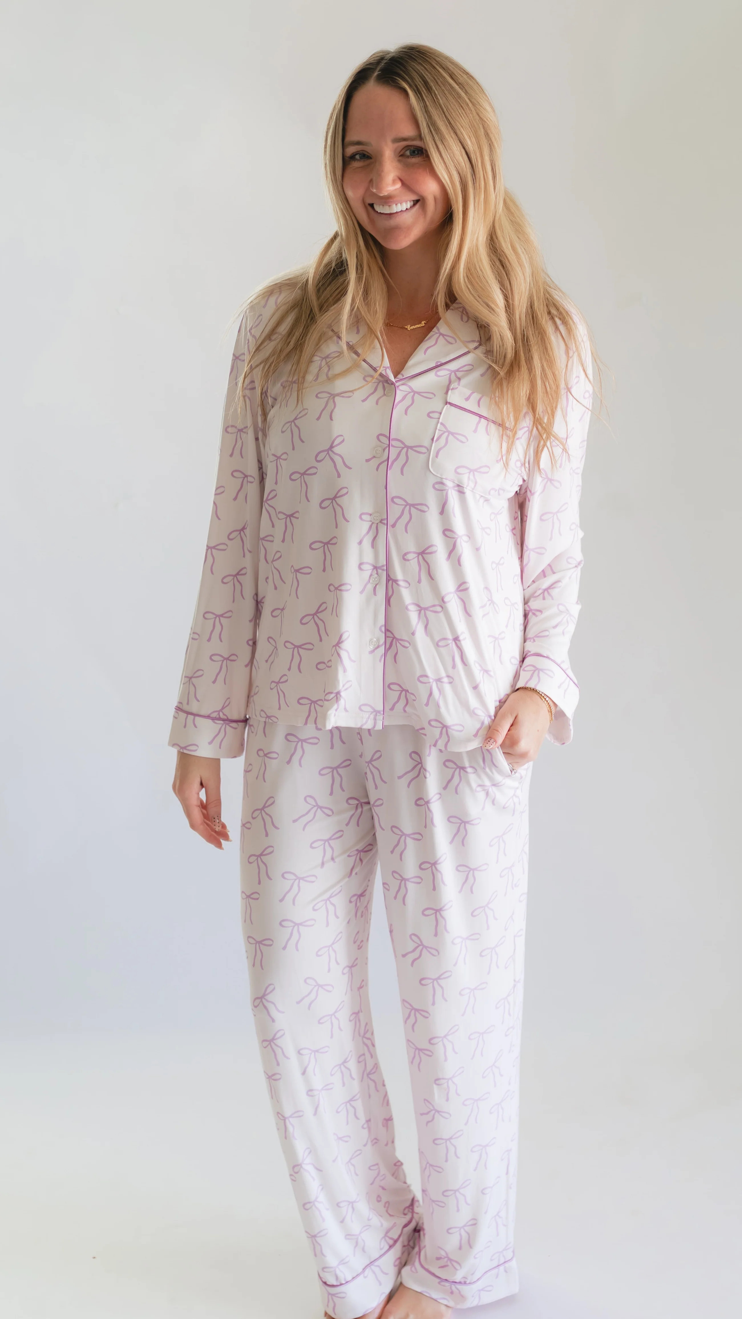 Women's Button Up Set In Purple Bows | Silks Design