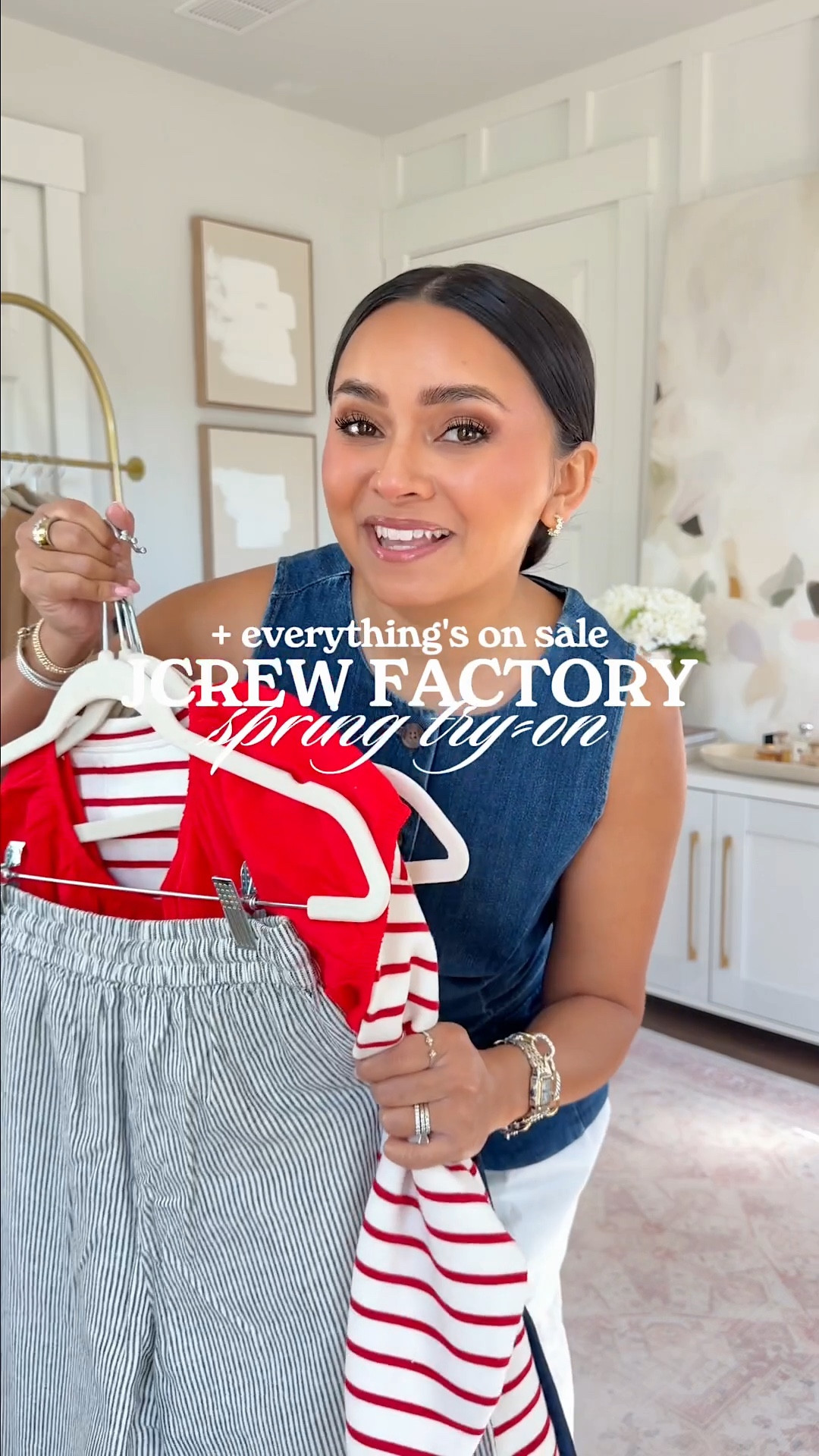 J.Crew Factory try on
For reference: I’m 5’0, petite, 32b bra size, and 2/26 in bottoms, pear shaped. *Everything I share is unaltered! TTS means true to size. Between size 5–6.5 in shoes

Denim vest 00 TTS
White cotton skirt XS TTS
Brown sandals are hermes - similar linked!

Red Orange Smocked midi dress XXS TTS
Clear heels size 5.5 TTS

Stripe red stripe sweatshirt graphic XS TTS - sized up for a roomy fit
Denim Navy drawstring pants 2 petite - snug in the waist, I recommend sizing up a size
Stripe navy scallop neck sweater xxs TTS
Sandals size 5.5 TTS

Green stripe button up XS peite TTS
Green cardigan XXS TTS
White denim jeans size 26 petite TTS
Loafers size 5 TTS

Sea blue long sleeve tieneck  top XXS TTS
Sailor denim shorts size 26 TTS
Gold sandals size 5.5 TTS

Navy cashmere tee size xs TTS
Black and white stripeLinen stripe pant petite size 2 petite TTS
Red stitched cardigan XS TTS
Brown sandals are hermes - similar linked!

Tan Khaki Tie waist midi dress XXS TTS
Clear sandals size 5.5 TTS 




#LTKootd #LTKPetite #LTKSaleAlert