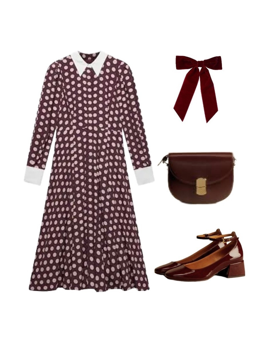 Catch this Burgundy Geometric Dress while you can at Mint Velvet, then add some preppy, girlish styles like the Claude saddle bag and Melanie ankle strap patent heels from Sezane. All you need to finish the look is the FatFace Burgundy Velvet Hair Bow!

#LTKeurope #LTKuk #LTKautumn