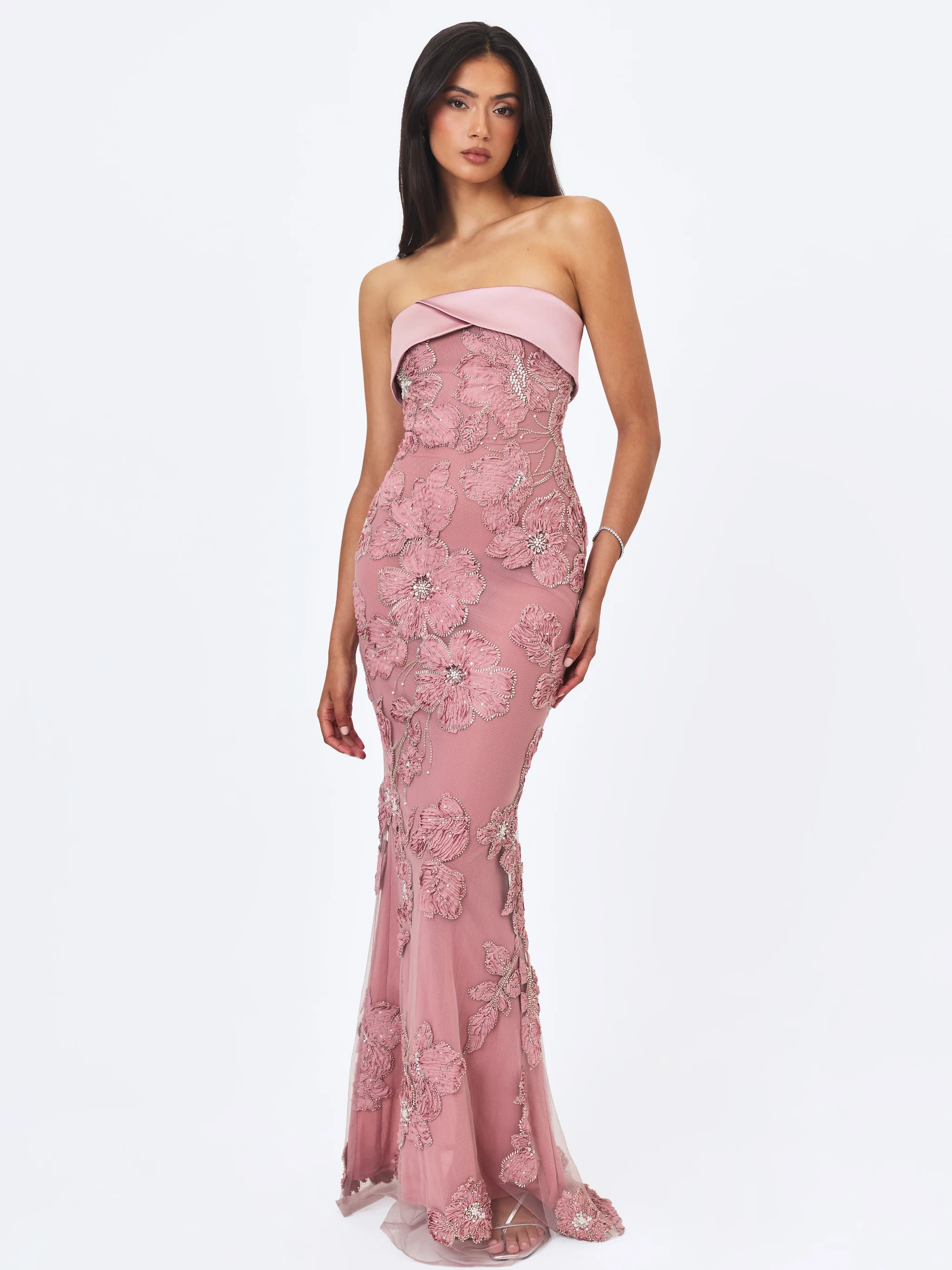 Raphaela Dusty Pink Beaded Floral Strapless Mermaid Maxi Dress | Miss Circle