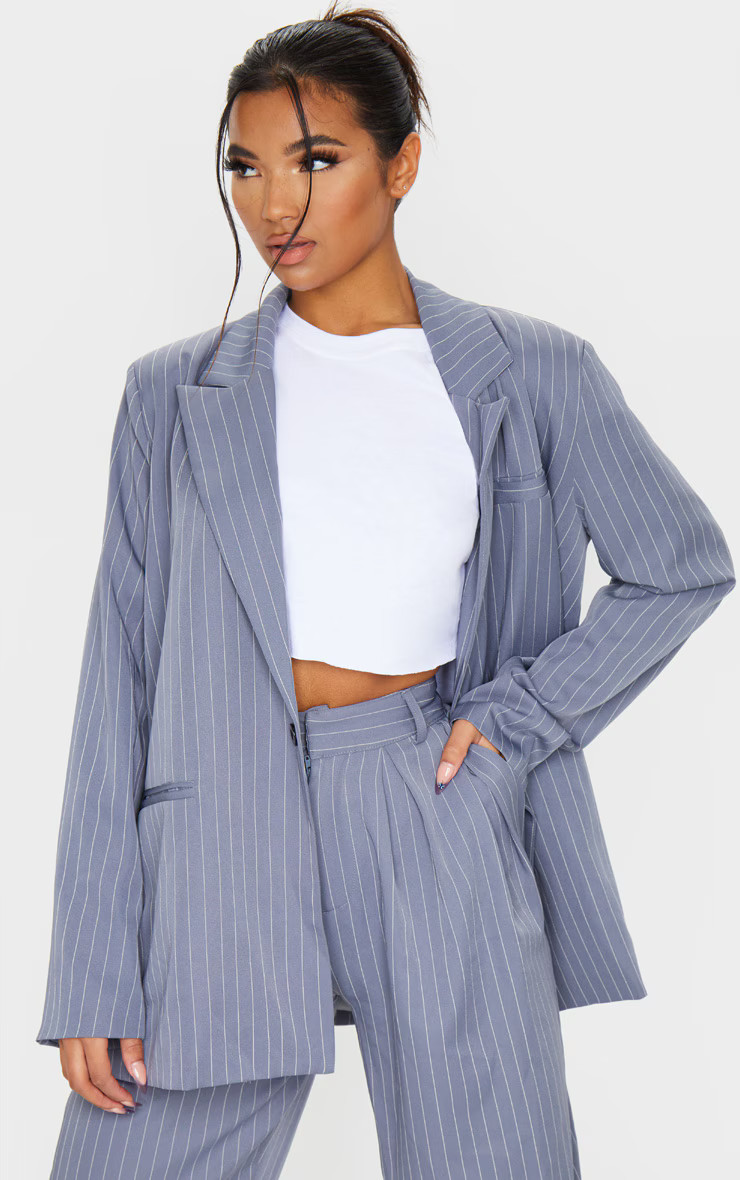 Charcoal Grey Pinstripe Oversized Dad Blazer | PrettyLittleThing US