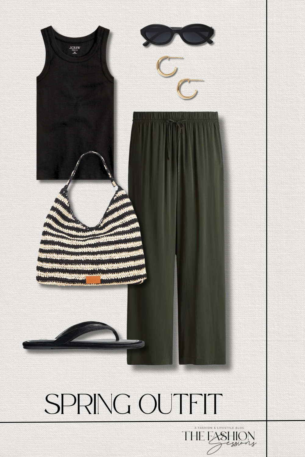 Easy spring outfit! 
wide-cut pull-on pants | perfect-fit high-neck tank top | seafolly raffia stripe tote | velvet effect flat sandals | mango oval-frame sunglasses | quince chunky hoops | spring outfit | summer outfit | vacation outfit | weekend outfit | casual outfit 

 #LTKootd #LTKSeasonal