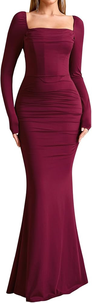 EYNMIN Corset Maxi Dress Long Sleeve Square Neck Ruched Bodycon Elegant Formal Wedding Guest Dres... | Amazon (US)