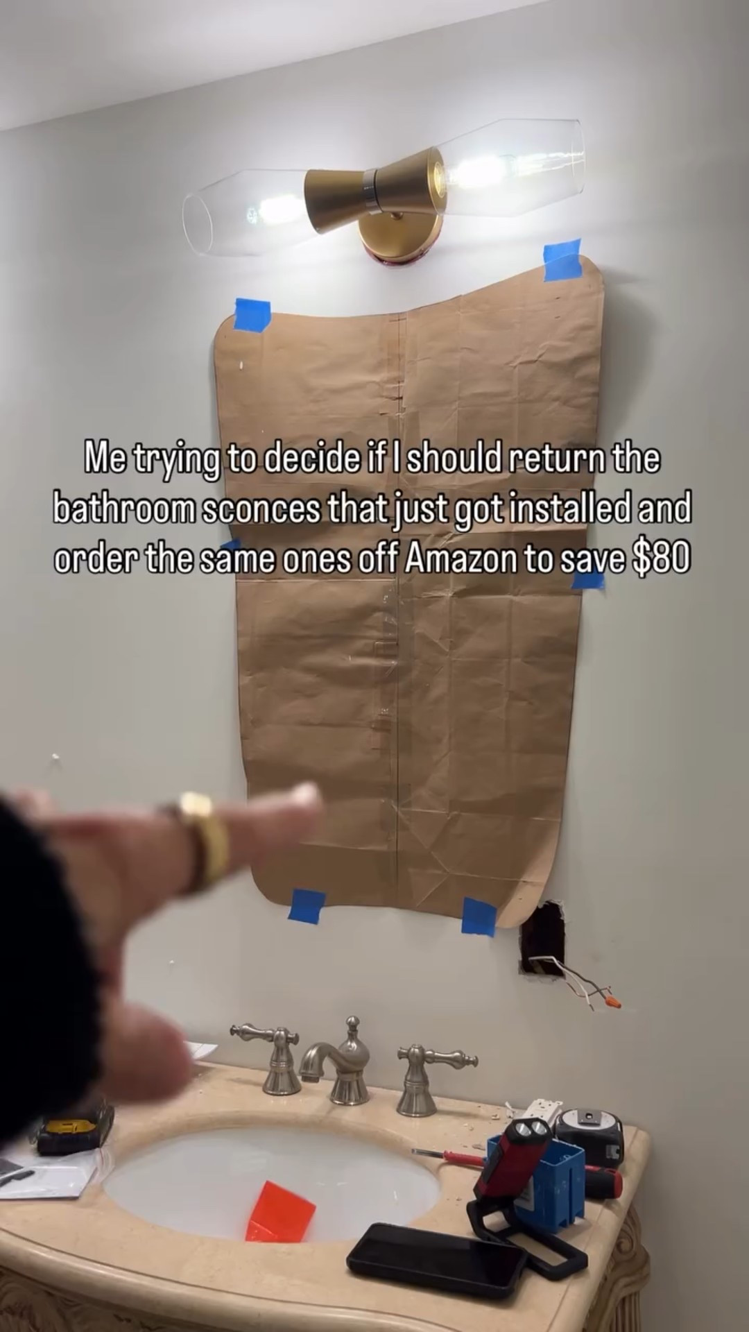 Bathroom shenanigans… The electrician came to install the sconces and semi flush lights BUT my husband decided to give him 2 beers during the install. 

First he dropped one of the screws down the drain (I have to buy another) and then the outlet was installed upside down 🤦🏽‍♀️ 

Is this normal?? In my head it’s NOT! 

#bathroomremodels #bathroomremodel #bathroommakeover #bathroomlighting #masterbath #masterbathroom #primarybath #couplecomedy #viralreeĺ #viralvideos

#LTKdayinmylife #LTKstorytime #LTKHome