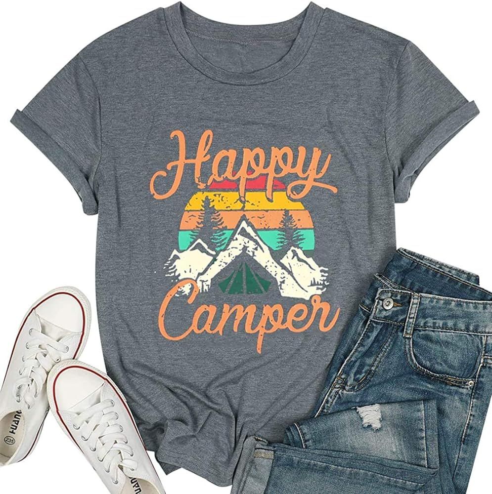 UNIQUEONE Happy Camper Shirt for Women Funny Cute Graphic Tee Short/Long Sleeve Letter Print Casual  | Amazon (US)