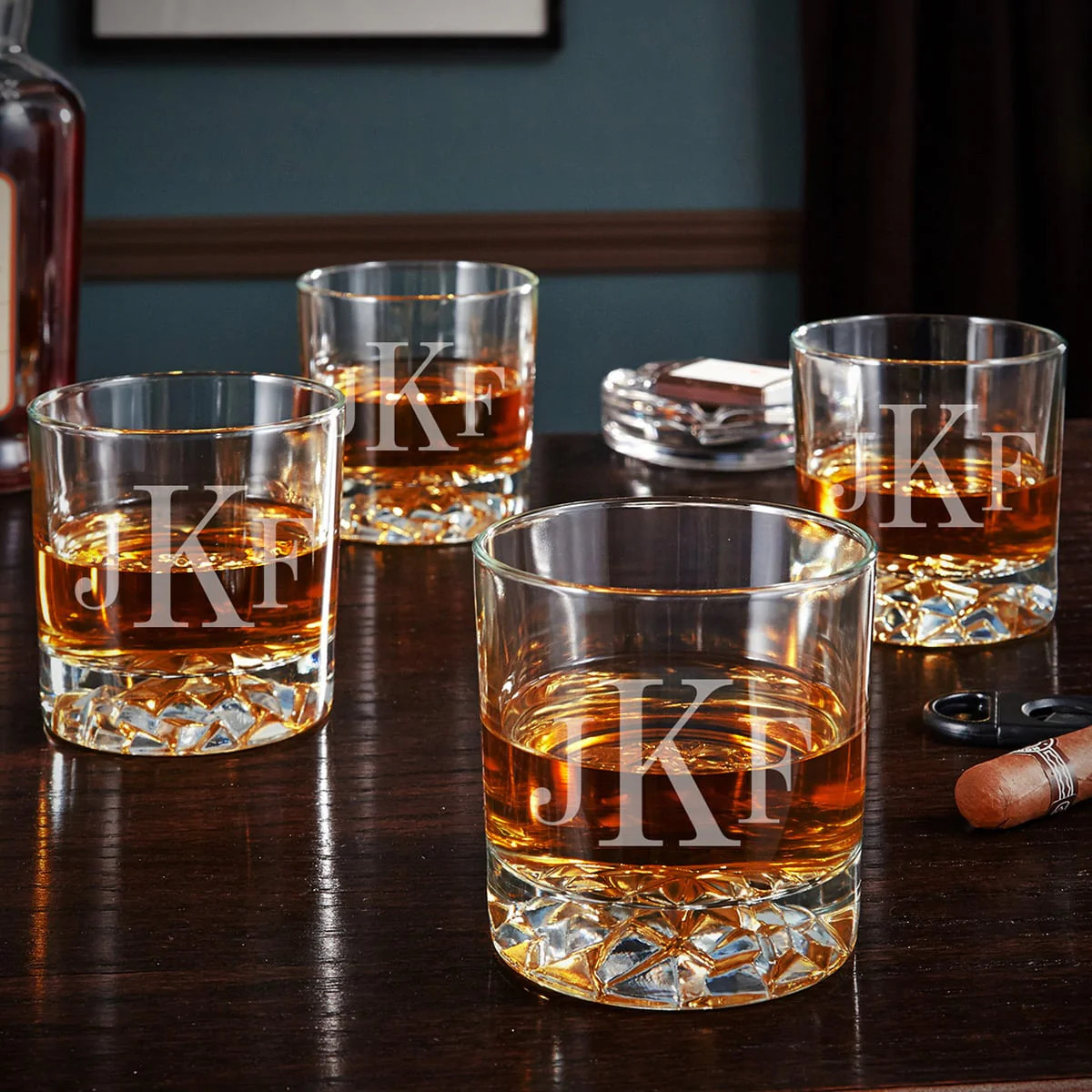 Monogrammed Bourbon Glasses with Glacier Bottom - Set of 4 | HomeWetBar.com