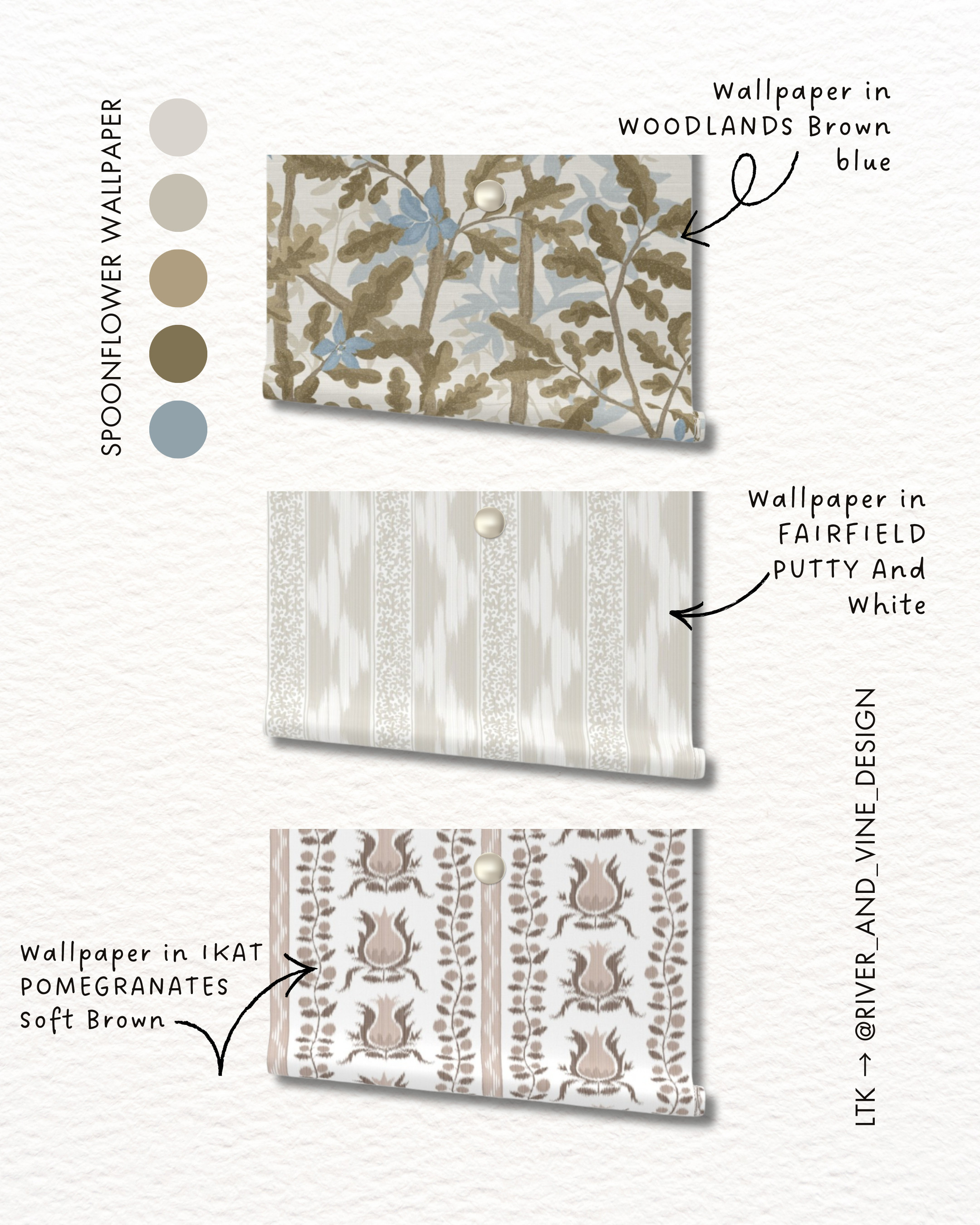 Wallpaper is one of the fastest ways to completely transform a room — and these Spoonflower patterns are some of my favorites right now. ✨

I love how each of these brings something different while still staying in a soft, earthy palette. The Woodlands pattern adds a beautiful organic feel with subtle blue accents, Fairfield Putty gives you that quiet, layered texture designers love, and the Ikat Pomegranates pattern feels classic with just enough character.

If you’re looking to add personality to a space without overwhelming it, wallpaper like this is perfect for powder rooms, offices, reading nooks, entryways, or even the back of built-ins.

Sharing these for anyone who loves neutral wallpaper, earthy color palettes, classic patterns, and timeless interiors. Shop the patterns through my LTK. ✨ 

 #LTKHome