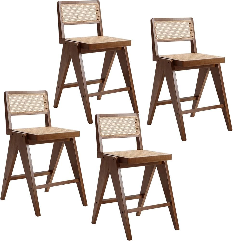 ZSARTS 25" Rattan Counter Height Bar Stools Set of 4, Wood Farmhouse Barstools with Back Modern C... | Amazon (US)