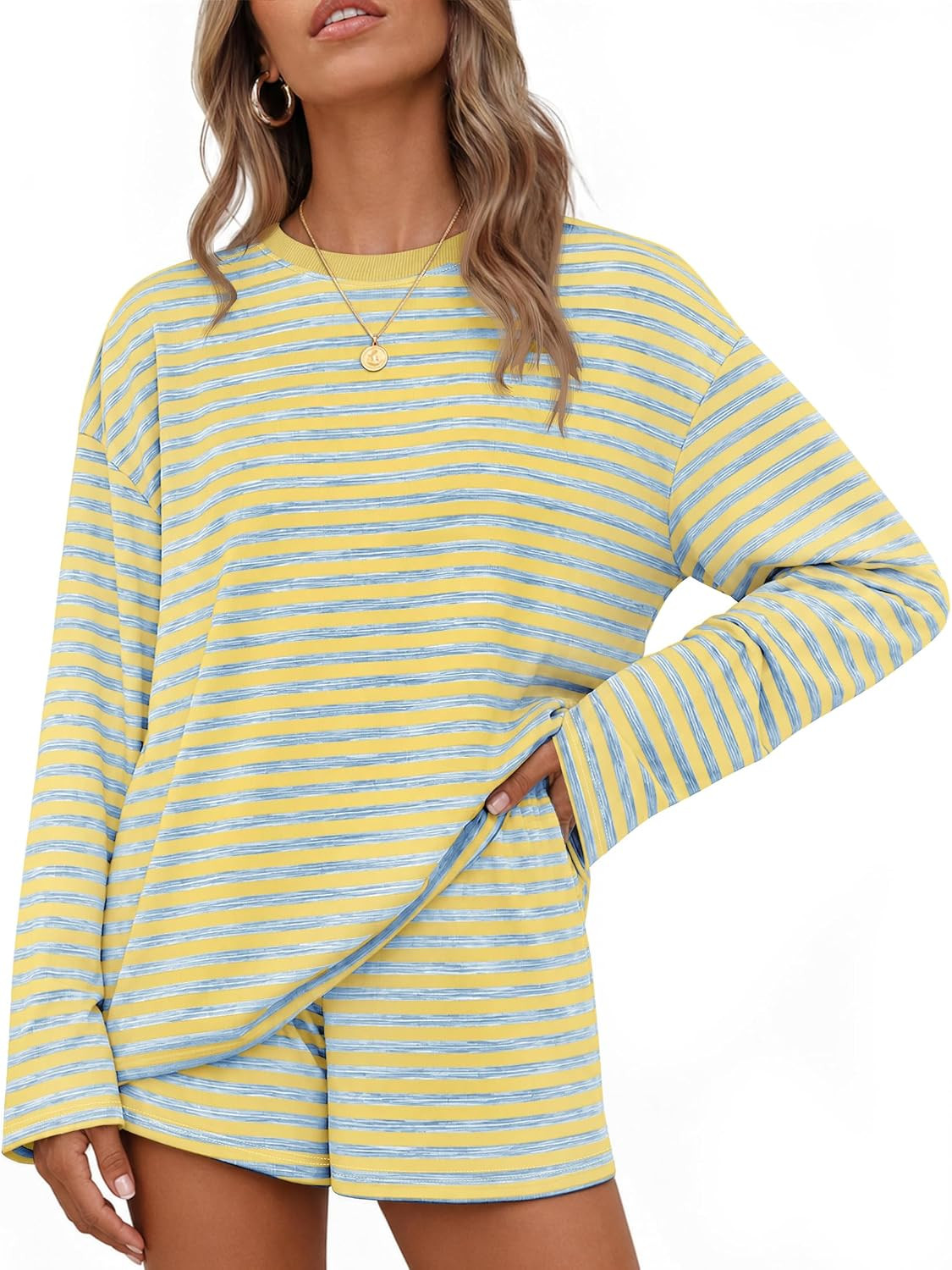 ZESICA Womens 2 Piece Striped Short Sets Fall Lounge Outfit | Amazon (US)