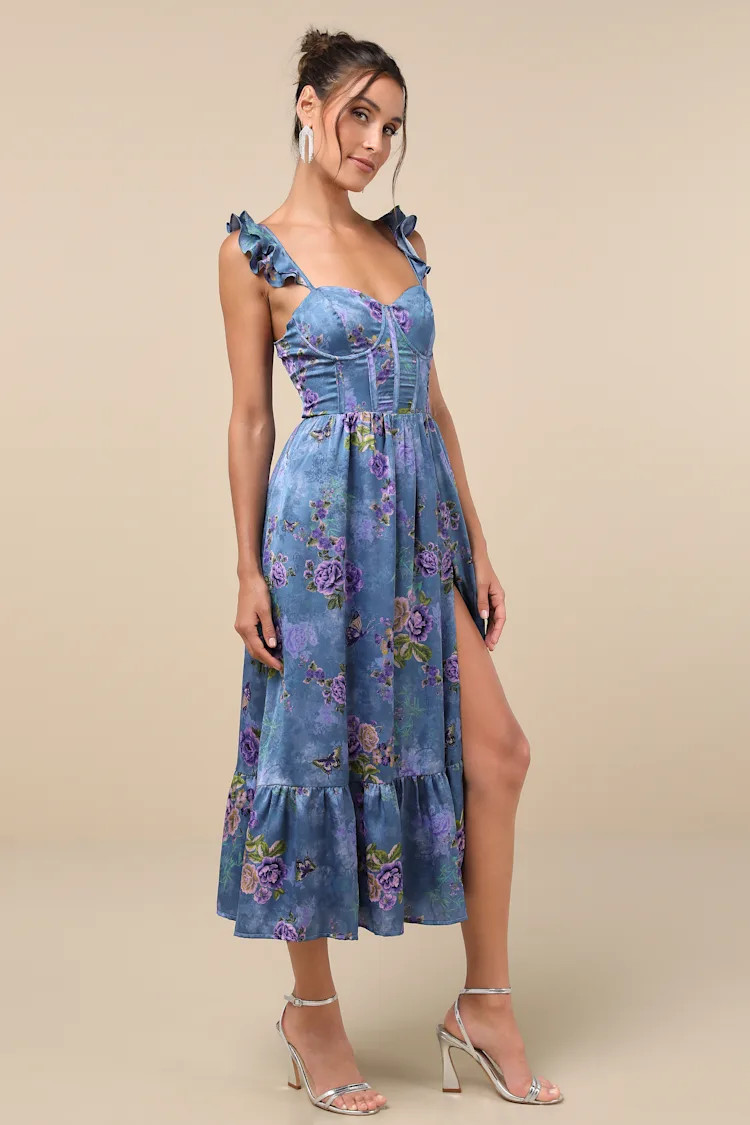 Sweet Like Sangria Blue Floral Ruffled Bustier Midi Dress | Lulus