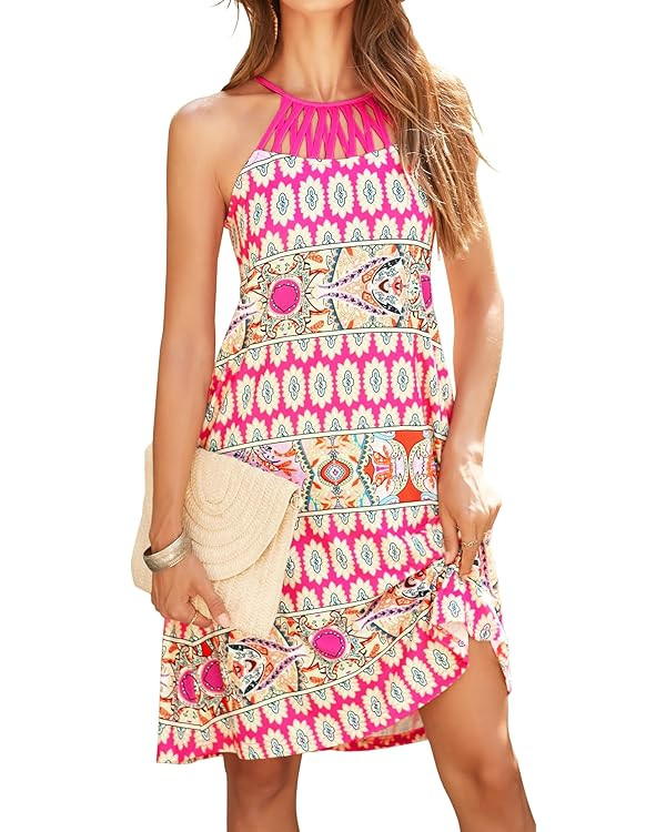 Bluetime Womens Summer Casual Halter Dress Crochet Hollow Out A-line Floral Boho Beach Sundresses... | Amazon (US)