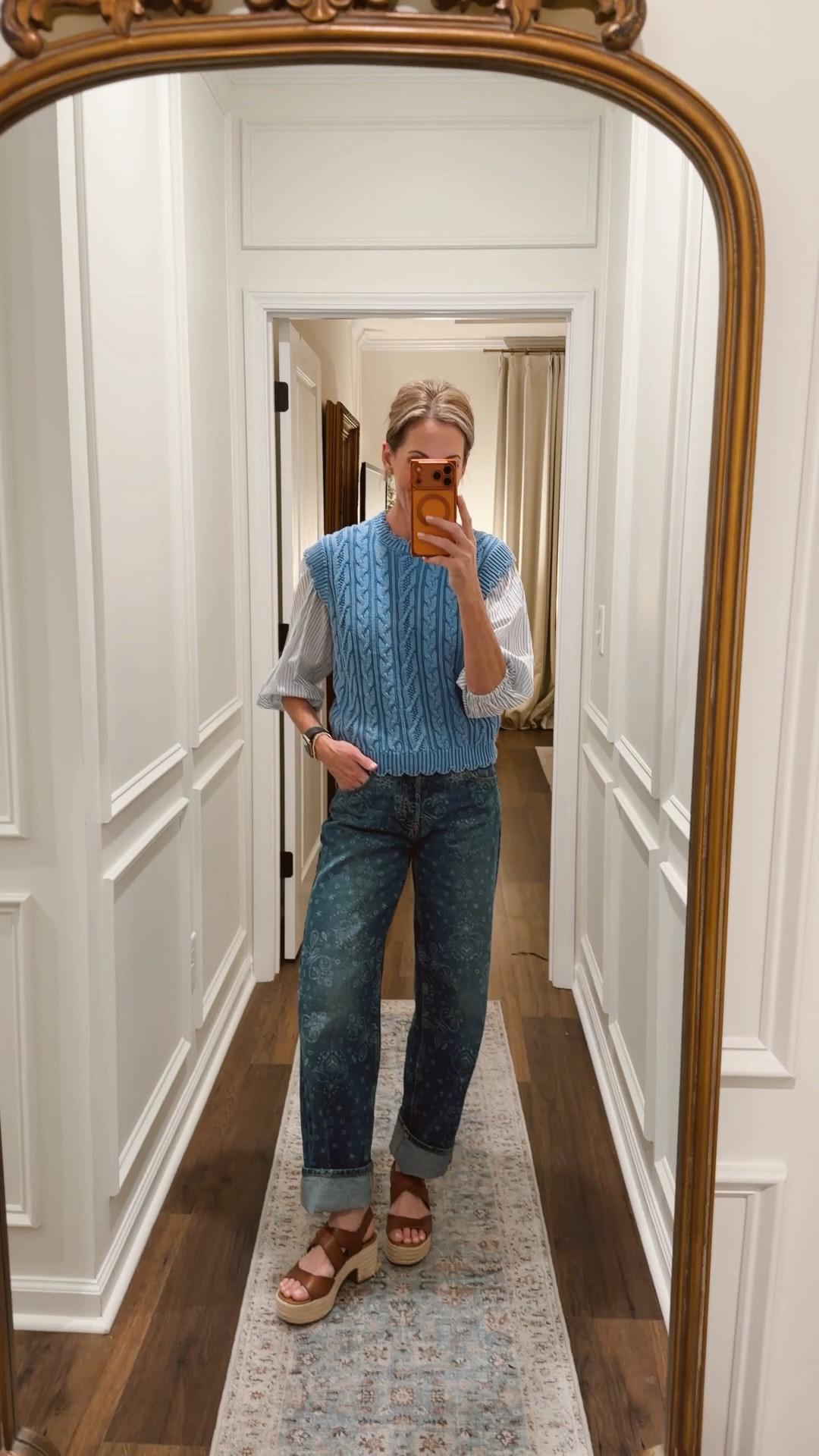 Today’s outfit of the day is this beautiful new arrival sweater vest from Walmart under $30. I put a free assembly striped shirt underneath that’s on sale $12. Both size small.  Love these target jeans on sale $36 size 2 the pattern is so fun.