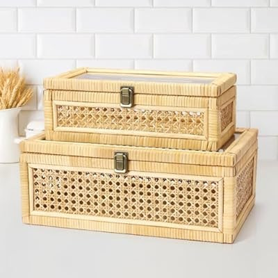 Rattan Decorative Box with Lid, Set of 2 Wicker Storage Baskets, Recta… | Amazon (US)