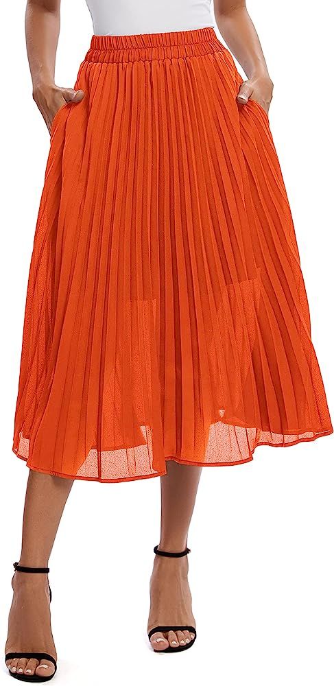 Urban CoCo Women's Elastic High Wasit Pleated Skirt Woven Casual Midi Swing Skirt | Amazon (US)