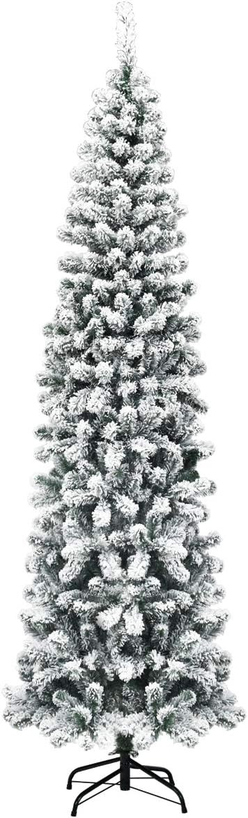Goplus 7.5ft Artificial Snow Flocked Christmas Tree, Unlit Pencil Hinged Pine Tree with Metal Sta... | Amazon (US)