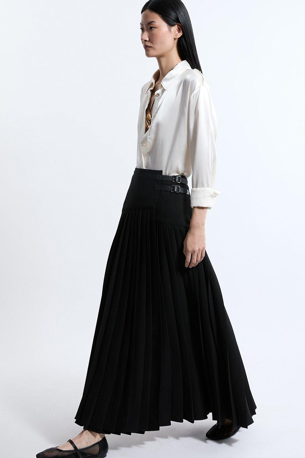 Tailored Crepe Pleated Buckle Detailed Maxi Skirt | Karen Millen UK + IE + DE + NL