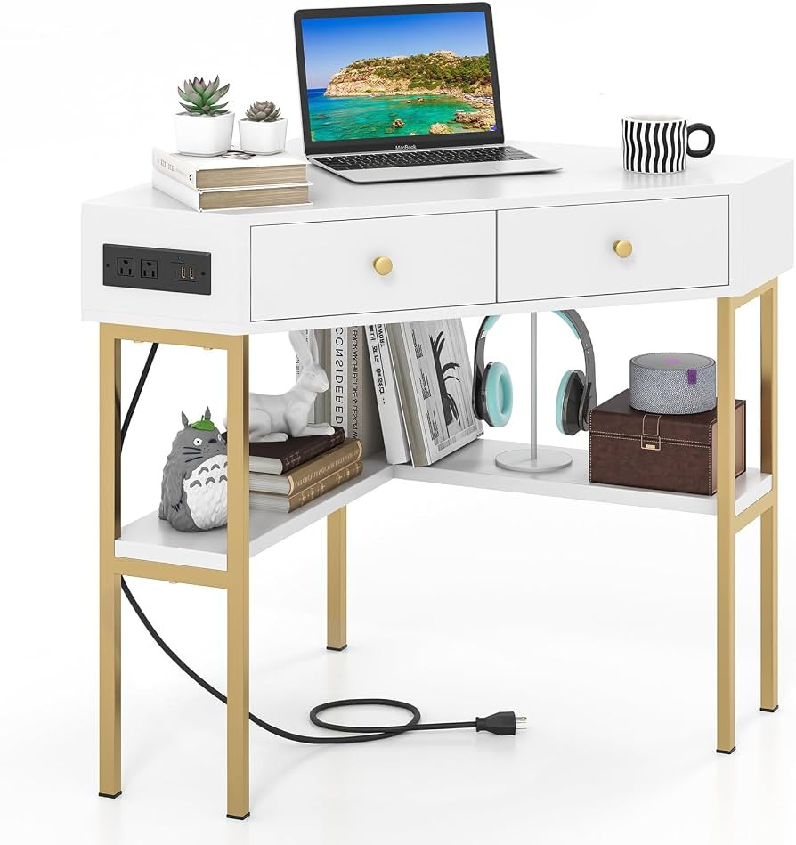 Tangkula White Corner Desk with 2 Drawers & Built-in Charging Station, 90 Degrees Triangle Corner... | Amazon (US)