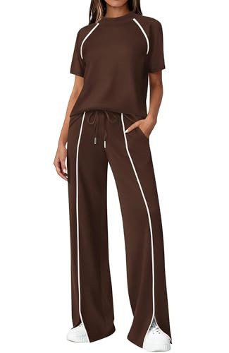 BTFBM Casual Two Piece Sets For Women Summer Outfits Solid Matching Sweatsuit Lounge Set Wide Leg Pants Workout(Brown,XX-Large) | Amazon (US)