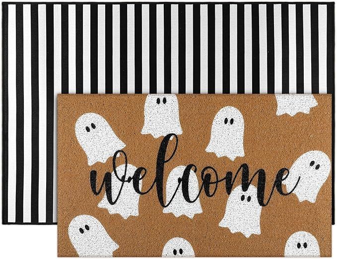 2 Pcs Fall Doormat Hello Pumpkin Non Slip Outdoor Mat Halloween Christmas Floor Mats Welcome Ghos... | Amazon (US)