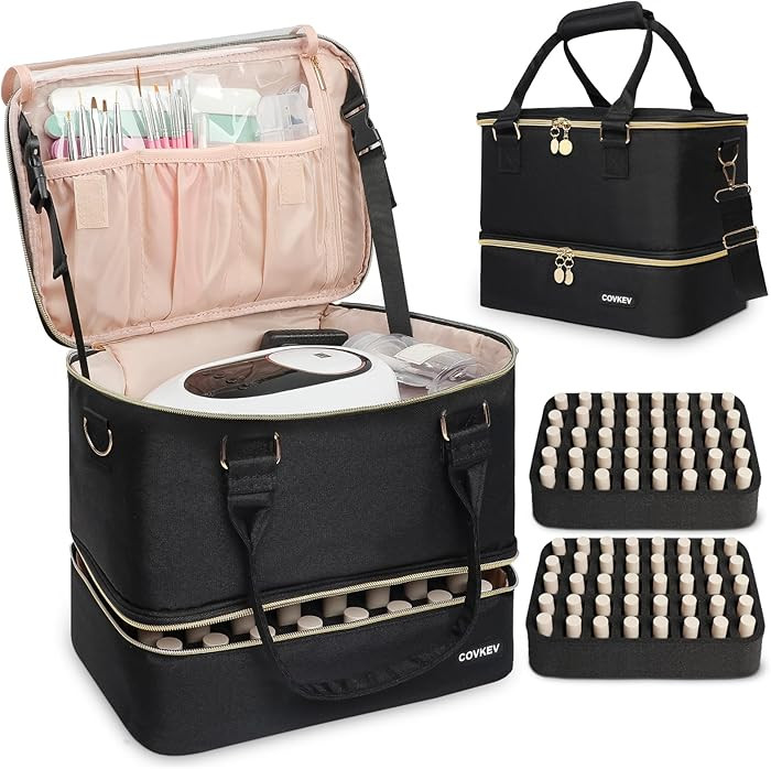 Covkev Nail Polish Organizer Hold 80 Bottles (15ml/0.5 fl.oz)& Nail Lamp, Double Layer Nail Bag O... | Amazon (US)