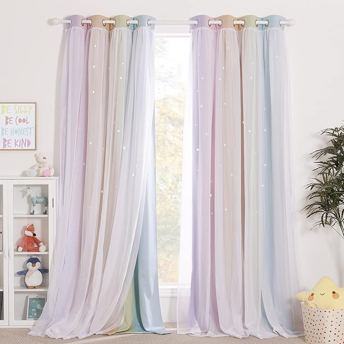 NICETOWN Kids Curtains Teen Girl Bedroom Decor, Stars Cut Out Rainbow Stripe Blackout Drapes with... | Amazon (US)