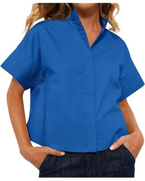 Cicy Bell Womens Cropped Short Sleeve Button Down Shirts Pleated Summer Dressy Casual Blouse Stan... | Amazon (US)