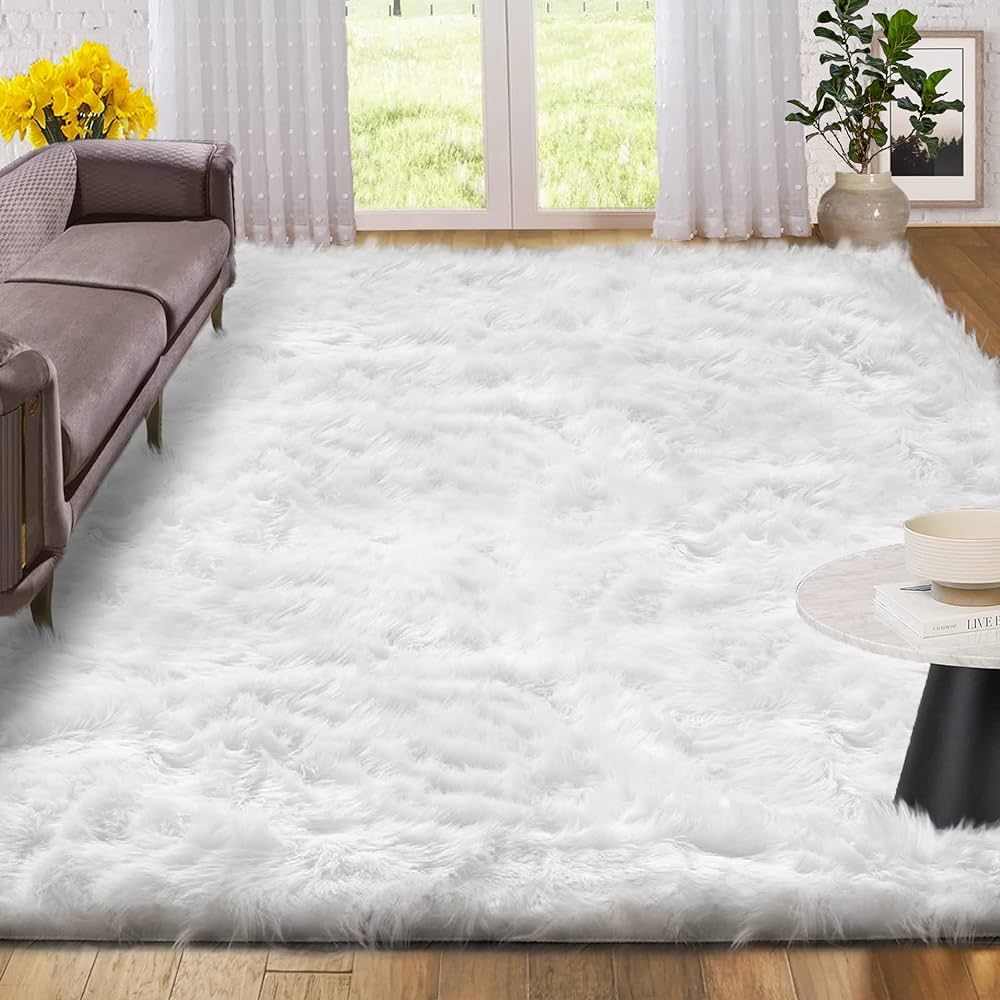 ORINOVA White Shag Rugs for Living Room 9x12 Area Rugs for Bedroom Large Washable Furry Faux Shee... | Amazon (US)