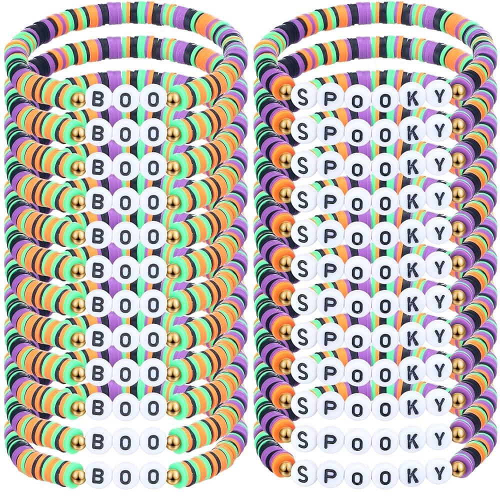 Yinkin 24 Pcs Spooky Boo Halloween Bracelets Polymer Clay Beaded Stretch Bracelets Letter Boho Je... | Amazon (US)