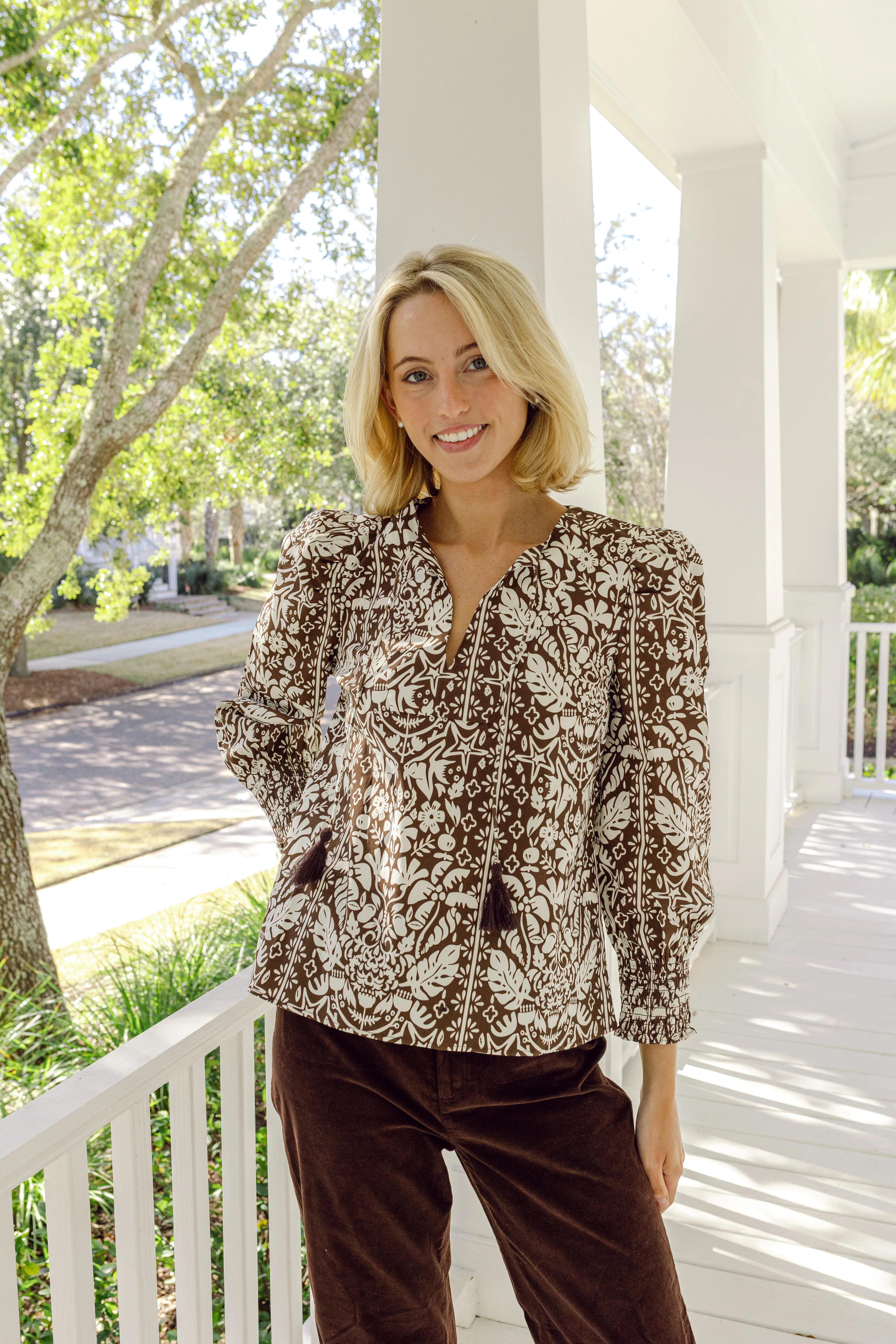 Tropical Block Print Tassel Front Top | Sail to Sable