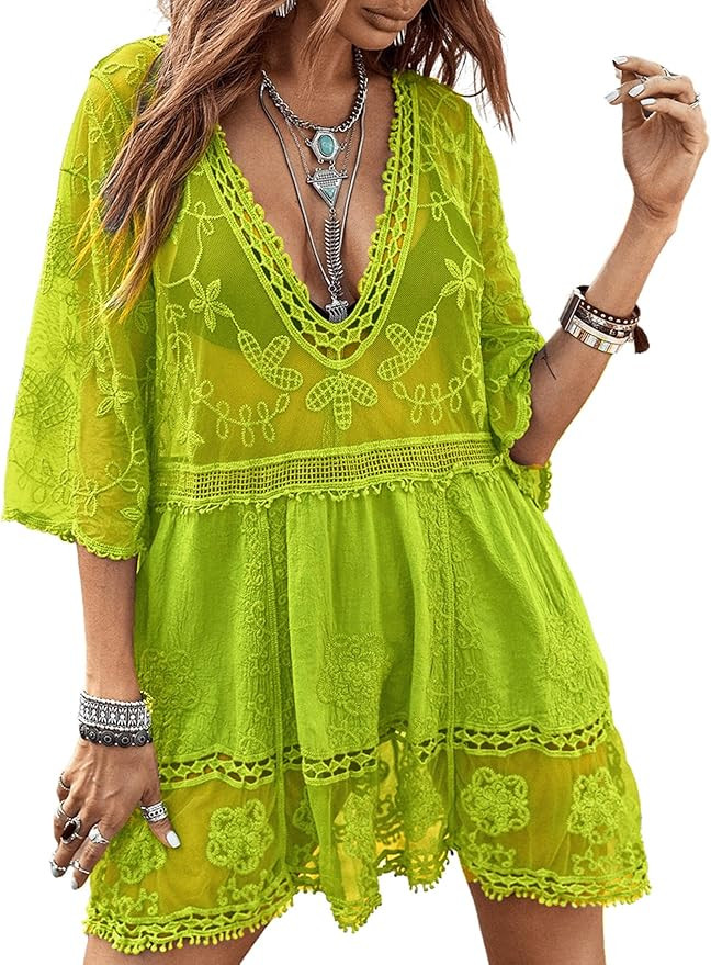 Eomenie Women's Lace Bathing Suit Cover Up V-Neck Swimsuit Coverup | Plunging, Loose Casual, Cute... | Amazon (US)