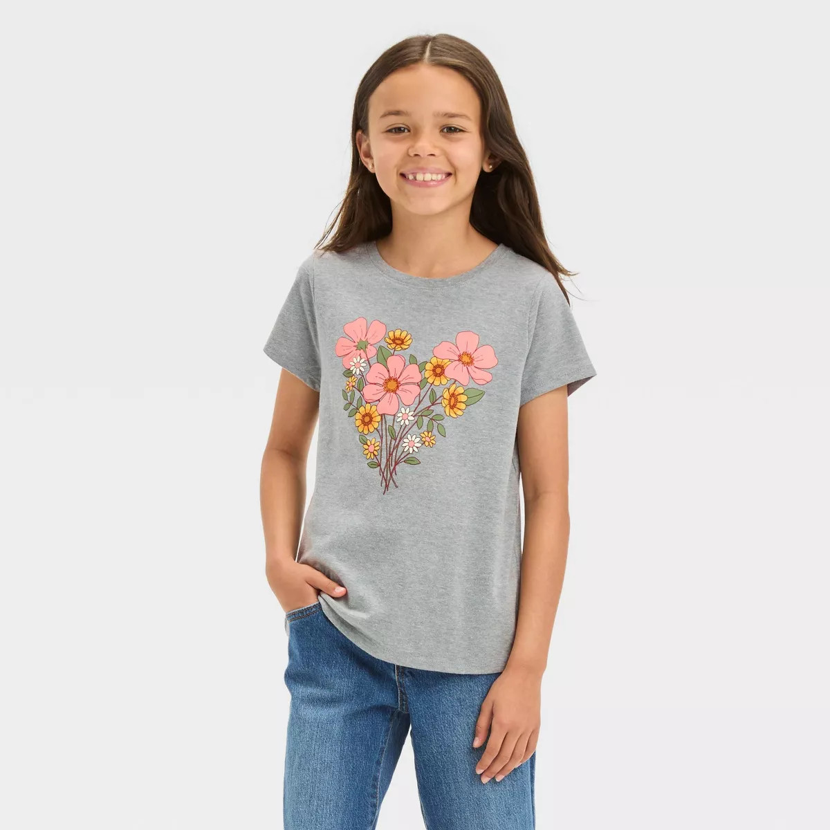 Girls' Short Sleeve Flowers Graphic T-Shirt - Cat & Jack™ Medium Charcoal Gray | Target