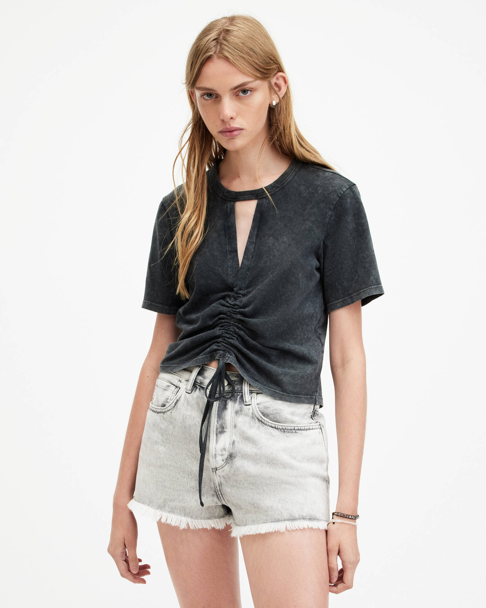 Gigi Centre Drawcord T-Shirt Acid Washed Black | ALLSAINTS US | AllSaints US