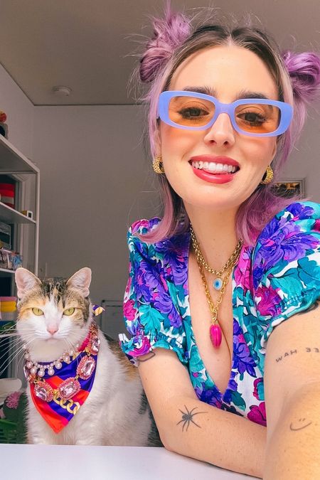 jeweled ladies ✨💖

Champagne wears a multicolored purple and blue floral denim dress with poof sleeves, gold and pick heart necklace, gold earrings and blue sunglasses. Pony wears a multicolored scarf with pink jewel chunky diamond necklace and pearls.

dopamine dressing fashion style cat cats colorful rainbow summer fall transitional purple maximalism maximalist bright fun 

#LTKSeasonal #LTKHoliday #LTKstyletip