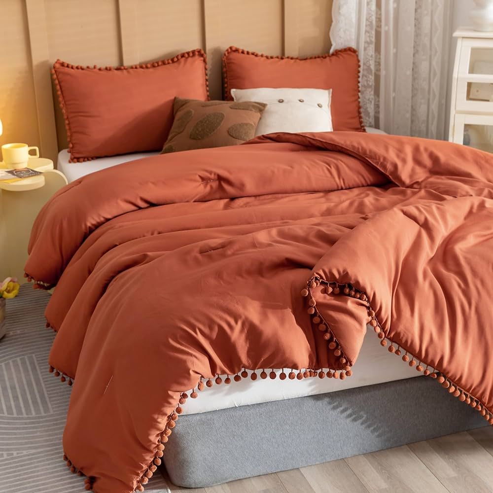 YIRDDEO Terracotta Comforter Twin Set 2pcs Boho Ball Pom Pom Bedding, Aesthetic Burnt Orange Comf... | Amazon (US)