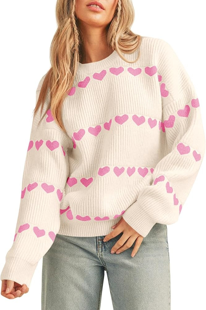 Saodimallsu Womens Heart Sweater Valentine Crew Neck Cute Ribbed Knit Loose Casual Pullover Sweat... | Amazon (US)