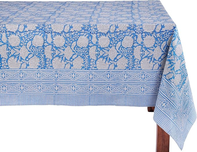 ATOSII Azora Blue 100% Cotton Rectangle Summer Tablecloth, Block Print Floral Table Cloth for Din... | Amazon (US)