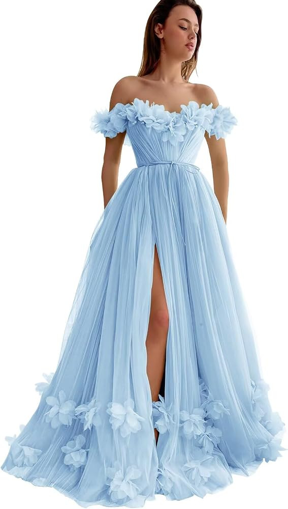 Off The Shoulder Fairy 3D Flower Tulle Prom Dress for Teens Long A Line Princess Evening Party Go... | Amazon (US)