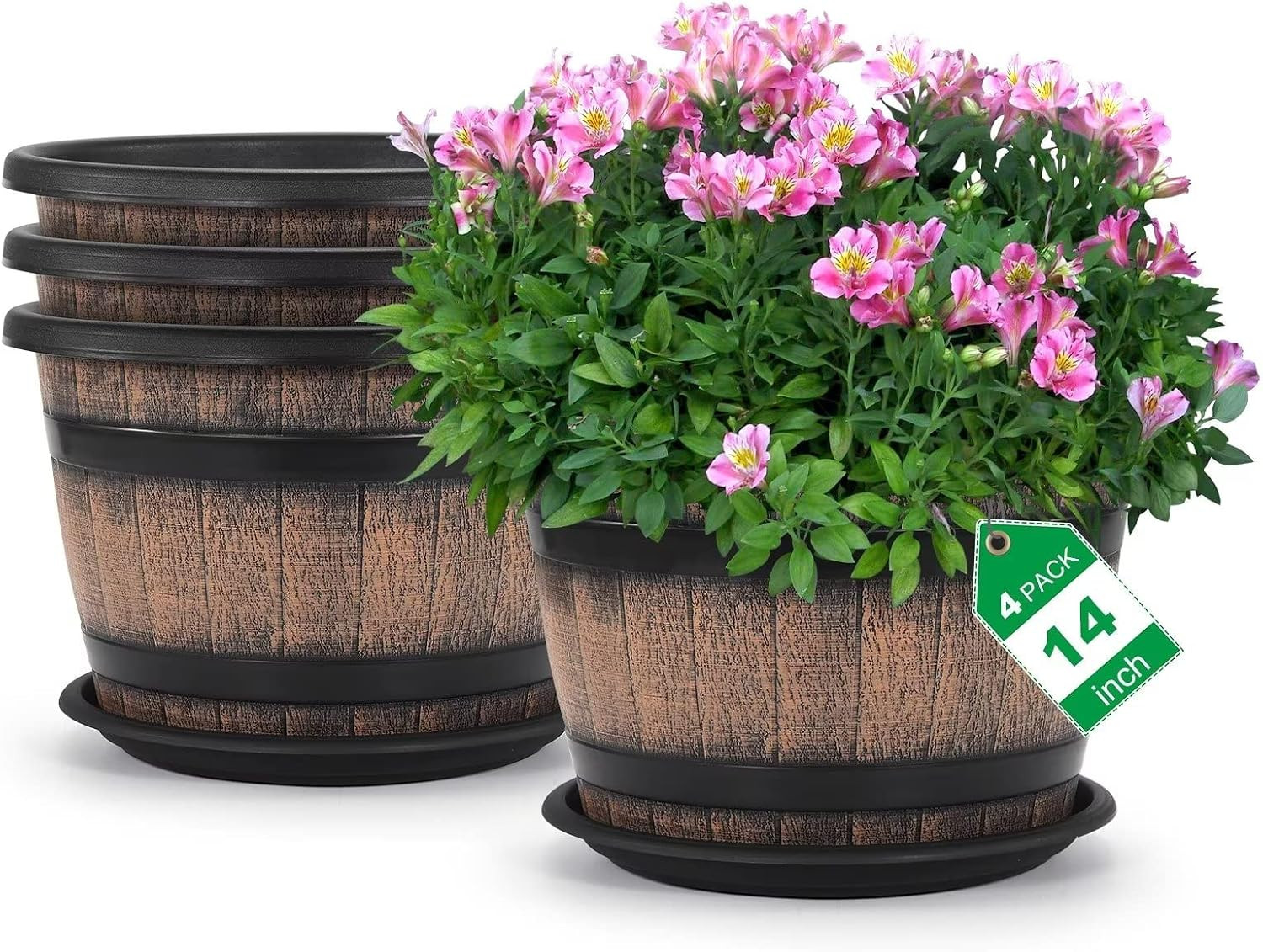 Large Plastic 4 Pack14 inch Plant Pots,Whiskey Barrel Planters with Drainage Holes & Saucer.Flower Pots Imitation Wine Barrel Design for Indoor & Outdoor Garden Balcony Plants.5 Gallons(Brown) | Amazon (US)