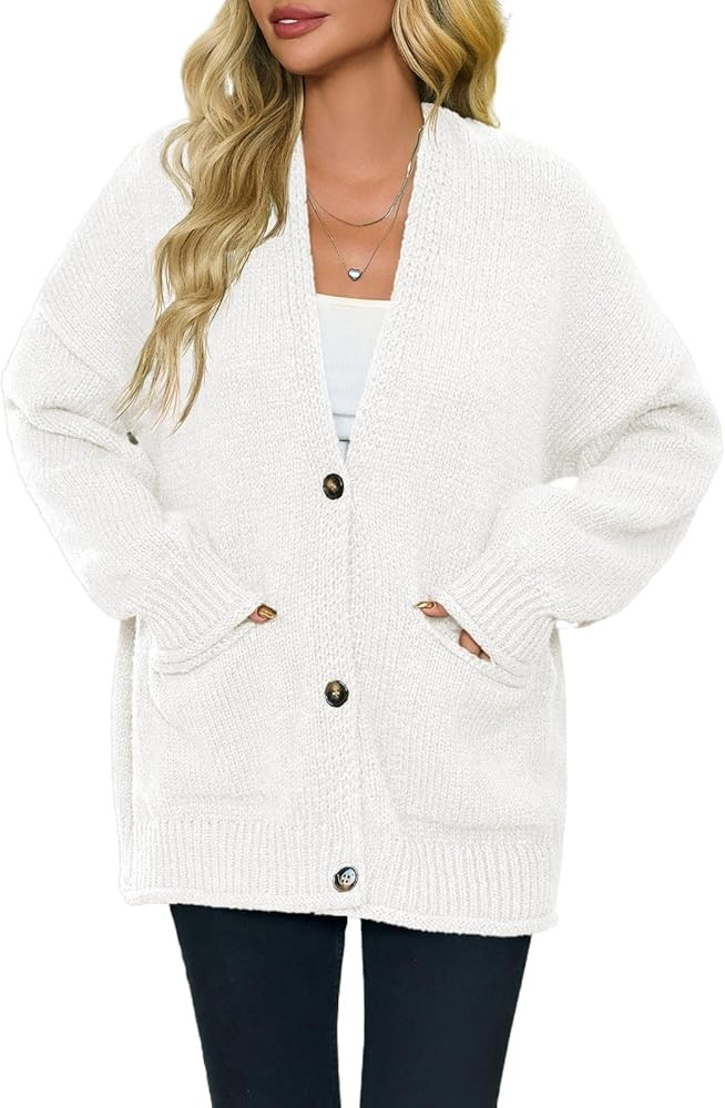 Saodimallsu Womens Chunky V Neck Cardigan Sweater Puff Sleeve Knit Cardigans Button Down Outwear ... | Amazon (US)