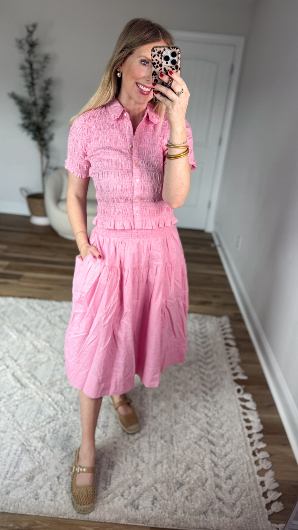 Daily try on, Walmart outfit, Walmart fashion, Walmart try on, pink smocked top, pink midi skirt 

#LTKmomlife #LTKootd