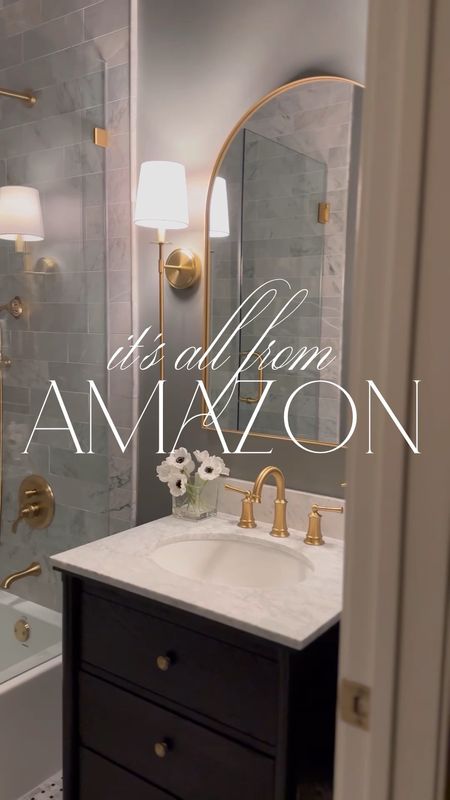 Amazon favorites in my home including my curved console, designer inspired light fixtures, wireless sconces, vintage inspired rug (Beige/Cream), accent chair, brass bathroom fixtures, arch accent cabinet, and linen semi-sheer curtains in Natural!