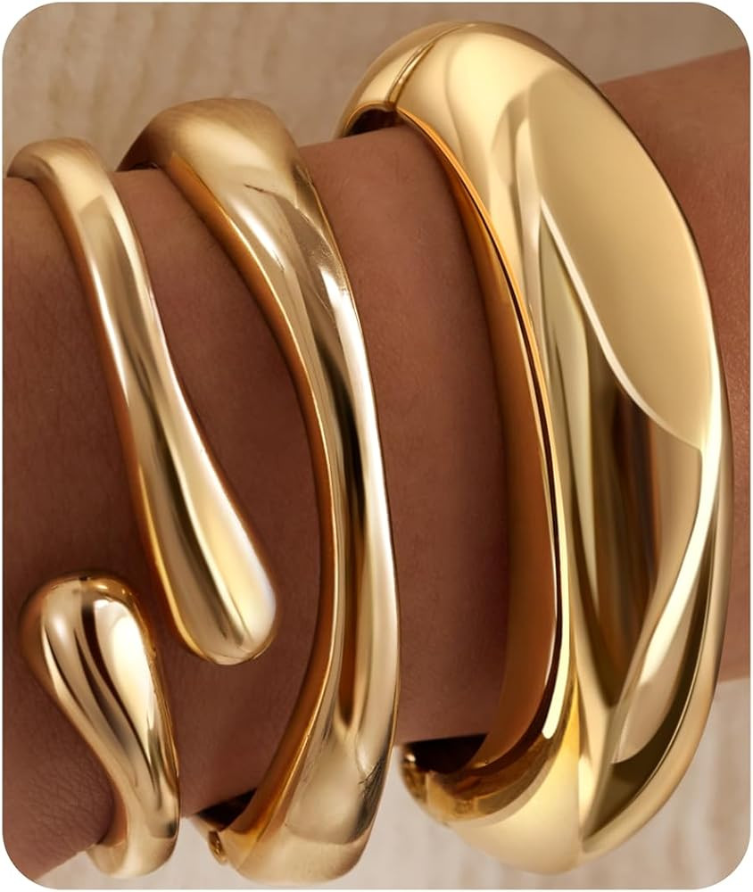 Chunky S925 Sterling Silver Bangle Bracelets Stack for Women, Thick Statement Silver Plated Stack... | Amazon (US)