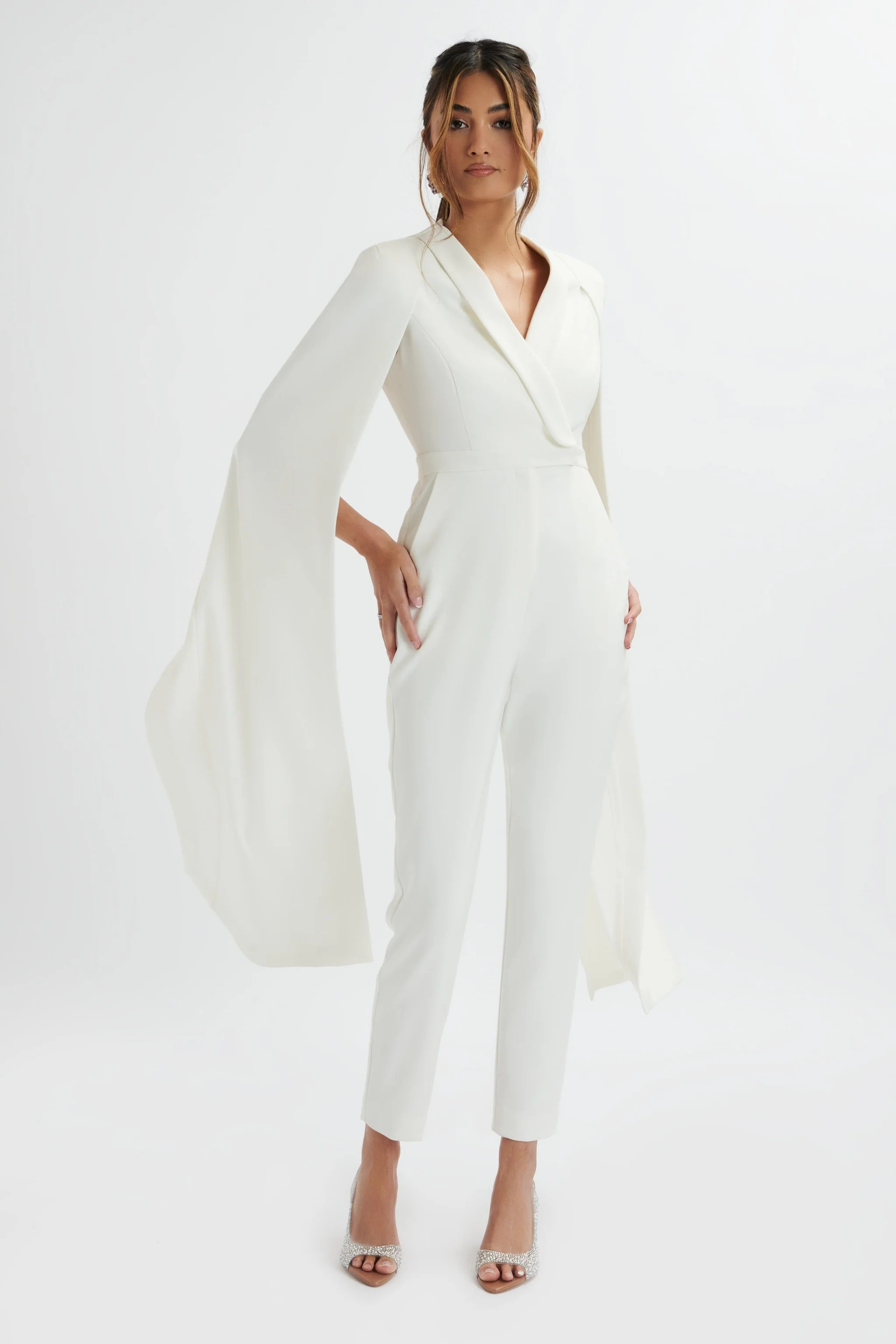 RAYNA Longline Cape Tailored Jumpsuit In White | Lavish Alice Retail Ltd