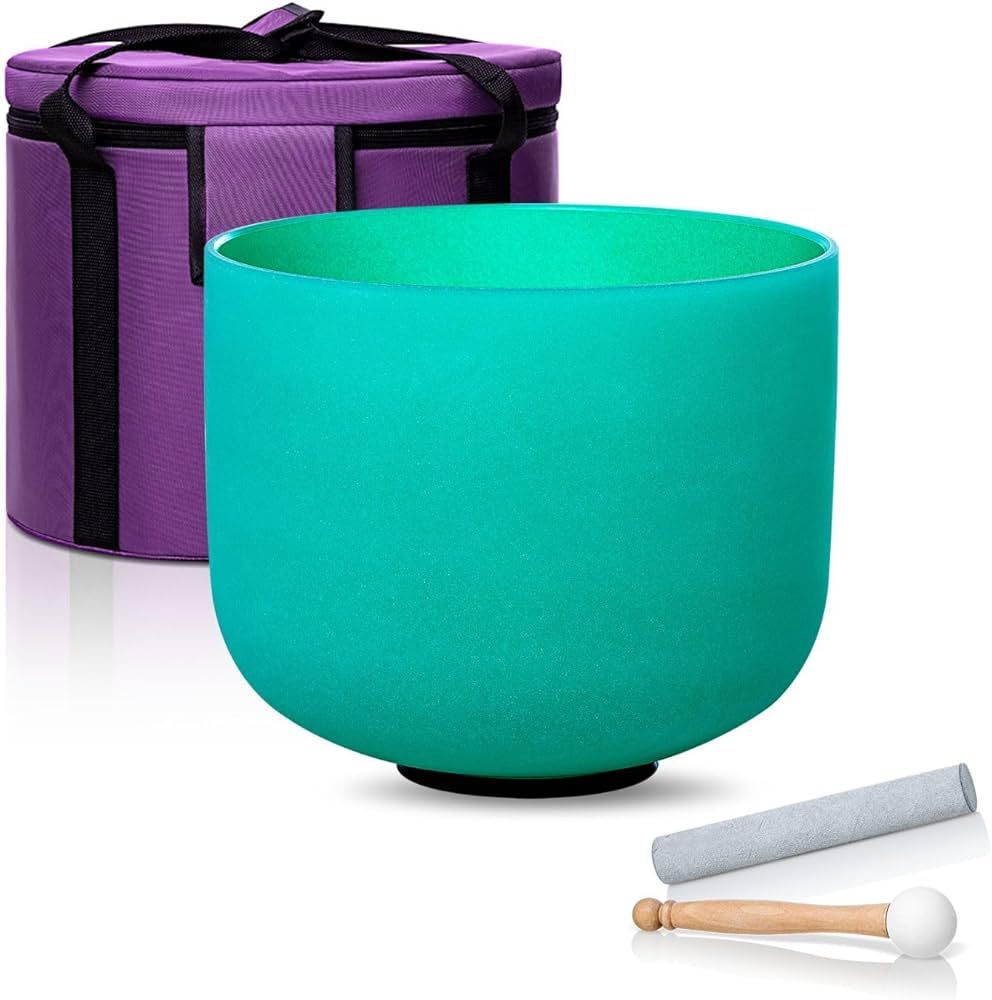 8 Inch F Note 432hz Heart Chakra Crystal Singing Bowl Healing Green with Carrying Case and Rubber Mallet Suede Strikers Oring | Amazon (US)