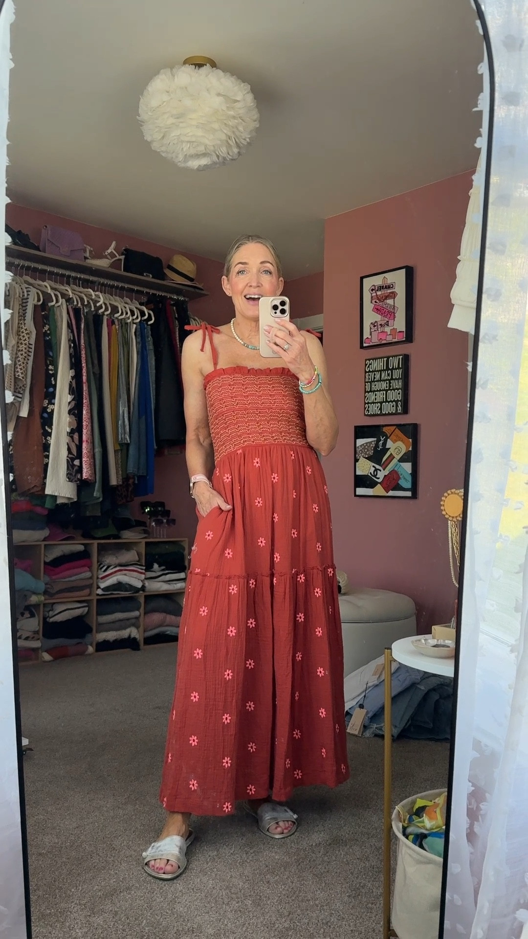 Vacation outfit with a smocked sundress. This one is made of a light and airy gauzy material and it has pockets! Runs true to size and super affordable!

Summer outfit, vacation dress, sundresses, mom looks, style over 40, affordable outfit, warm weather outfit, embroidered dress