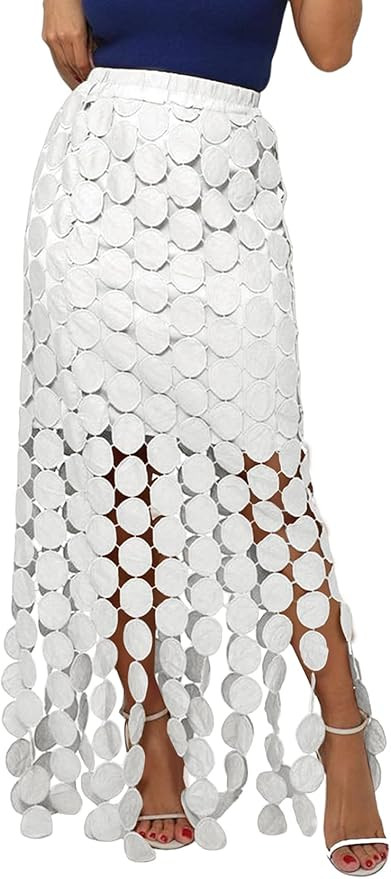 Yimoon Womens Hollow Out Maxi Skirt Elastic Waist Fringe Hem Long Skirt Tassel Trim Cocktail Part... | Amazon (US)