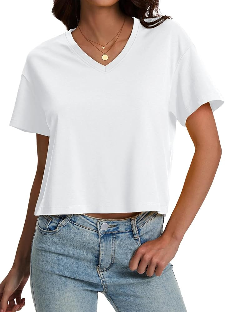 SMENG Women's Cropped T Shirts Loose Cotton Soft UPF50+ Basic Tshirt Vneck Short Sleeve Breathabl... | Amazon (US)