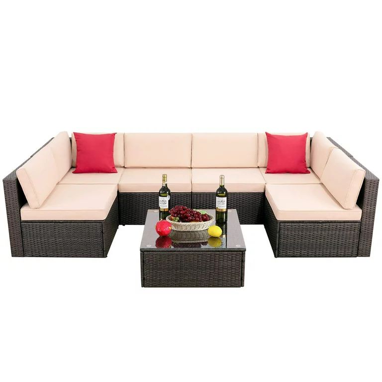 LACOO 7 Pieces Patio PE Wicker Conversation Set Rattan Outdoor Sectional Set with Chushions and T... | Walmart (US)