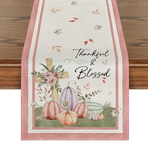 Artoid Mode Cross Pink Pumpkins Thanksgiving Table Runner, Thankful Blessed Fall Kitchen Dining T... | Amazon (US)