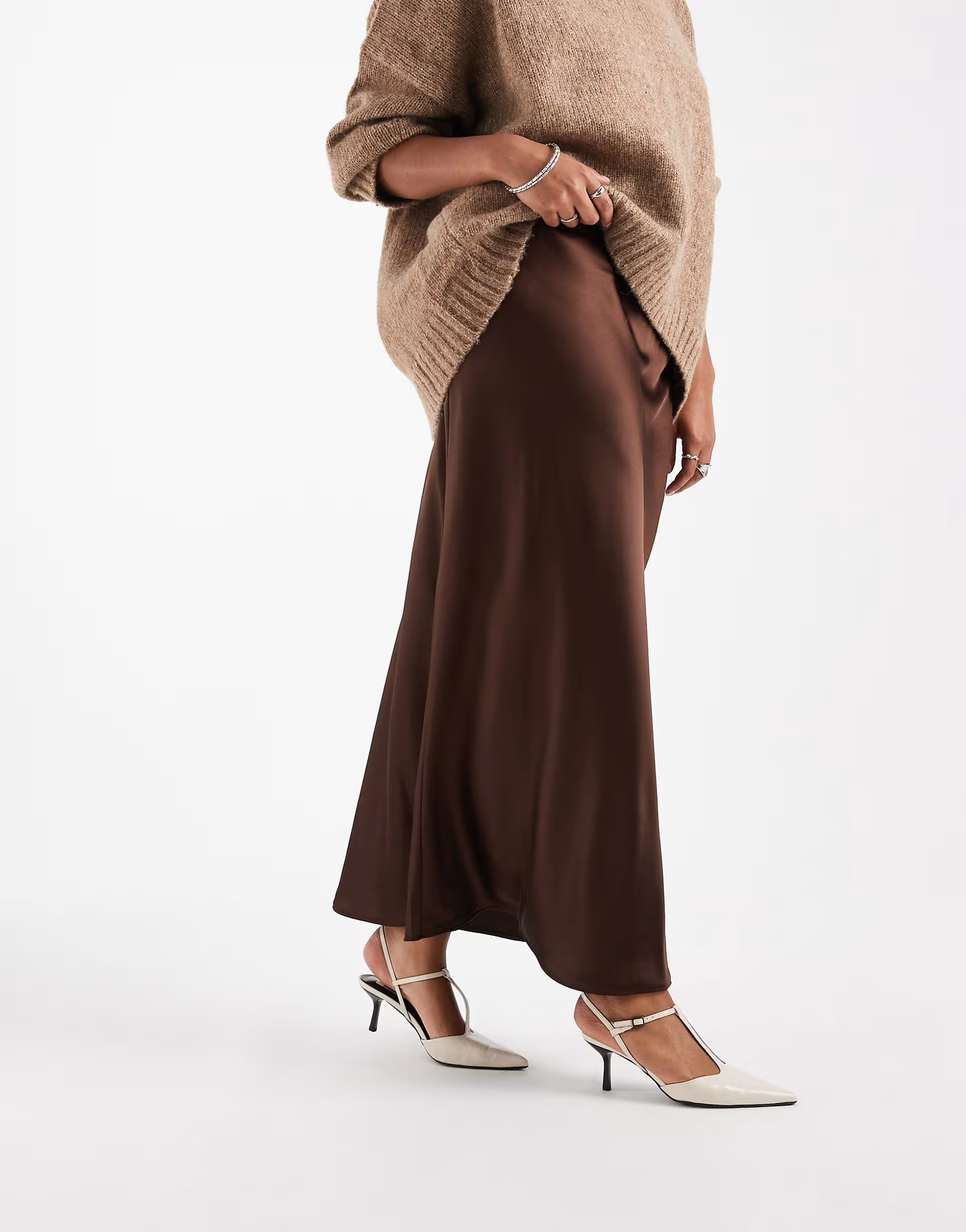New Look Curve satin bias midi skirt in brown | ASOS | ASOS (Global)
